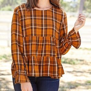 Maurices Plaid Peplum Blouse - Mustard and Black